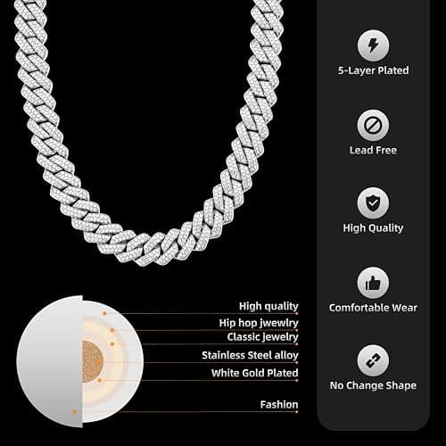 Mens Cuban Link Chain Miami Cuban Necklace 18K Gold Silver Chain Diamond Cut Chains For Men Women 14mm Iced Out Hip Hop Jewelry thumbnail 4