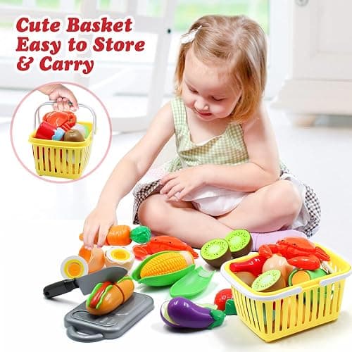 Kids Pretend Play Kitchen Toys Accessories Set, 32 Items Stainless Steel Toy Pots and Pans Sets w/ Rack Organizer, Metal Cooking Utensils & Apron, Play Food w/ Basket for Kids Girls Boys Toddlers thumbnail 4