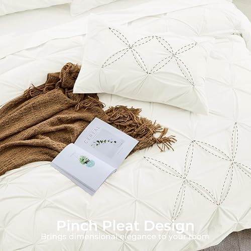 Sasttie Queen Comforter Set, 7-Piece Bed in a Bag, Pintuck Bedding Sets for All Season, Includes Comforter, Flat Sheet, Fitted Sheet, Pillowcases and Pillowshams, Ivory thumbnail 4