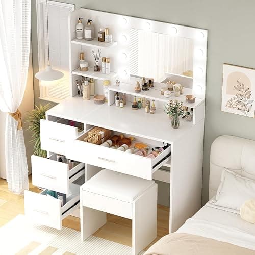 OTOQS Makeup Vanity Desk with Mirror and Light,Dressing Table Set with 3 Color Modes LED Lights,Large and Three Level Storage Dresser, for Bedroom Dressing Room,White thumbnail 3
