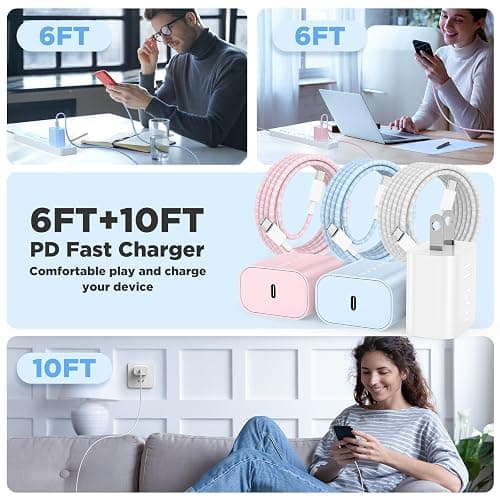 Hzevn 20W USB C Fast Charging for iPhone 17 Air/16/15 Pro Max,3Pack Colorful Mixed Charger Block with Braided Long USB C to C Cables (6/6/10ft) Compatible with iPhone16/15 Pro/15 Plus/iPad Pro thumbnail 6