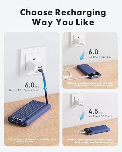 charmast Portable Charger with Built in Cables, Power Bank with Cords Wires, Slim 10000mAh Travel Battery Pack 6 Outputs 3 Inputs 3A Fast Charging for Samsung Google Pixel LG Moto iPhone iPad thumbnail 4