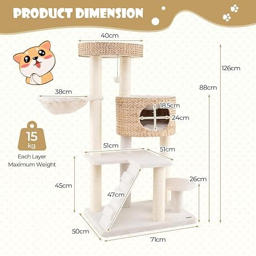 PETSITE 50 inch Cattail Cat Tree Tower, Multi-Level Cat Tower with Sisal Scratching Posts, Cat Condo, Cat Basket, Ladder, and Top Perch with Removable Soft Cushion, Modern Cat Tree for Indoor Cats thumbnail 9