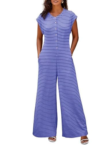 Cicy Bell Womens Casual Striped Jumpsuits Summer Cap Sleeve Wide Leg Jumper Romper Button Down Travel Beach Outfits - Image 1
