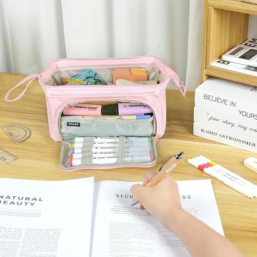 MAMUNU Pencil Case Pouch Large Capacity with Compartments, Pencil Case Pouch Bag with Zipper Handle for Teen Girls Adults Women, Portable Pen Bag Stationery Organizer for Office School Travel, Pink thumbnail 5