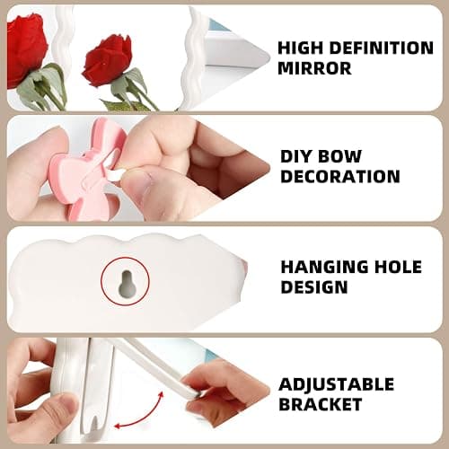 Wave Desk Makeup Mirror with Adhesive Bow,Office Mirror 6.7x5.3In(White) | for Standing or Hanging;Wave Shape;Thickened Plastic and Glass Material;One Sided Mirror;No Magnification thumbnail 3