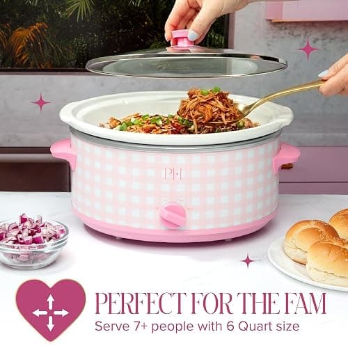 Paris Hilton 6-Quart Manual Slow Cooker, Features Three Settings (Low, High, Warm), Naturally Nonstick and Dishwasher Safe Stoneware Insert, Family Sized Capacity, Gingham Pink thumbnail 3