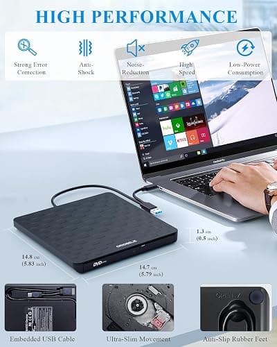 ORIGBELIE External CD DVD Drive for Laptop, USB 3.0 Type-C Ultra Slim 13mm DVD Player Portable CD DVD +/-RW Drive CD Burner Reader Writer Recorder for Desktop PC Windows 11/10/8/7 Linux Mac OS (Black) thumbnail 7