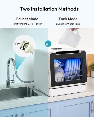 EUHOMY Countertop Dishwasher Portable, 8 Programs with 5L Tank, Black, 40dB | 360° Dual Spray Arms, 29-min Quick Wash, 8-Program with Child Lock and Delay Mode, 167°F, 73h Ventilation, 40dB, Time-Saving thumbnail 2