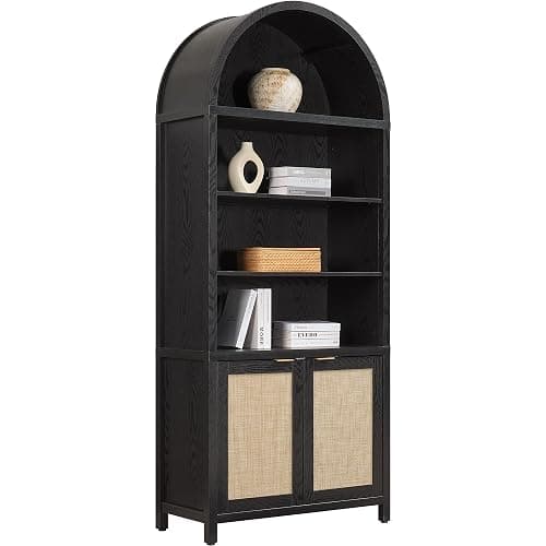 SICOTAS Book Shelf Arched Cabinet Bookshelf Arch 84.2" Tall Bookcase 5 Tier Large Bookshelves with Doors Storage Rattan Boho Wide Book Shelves Case for Living Room Kitchen Office Bedroom Library - Image 1