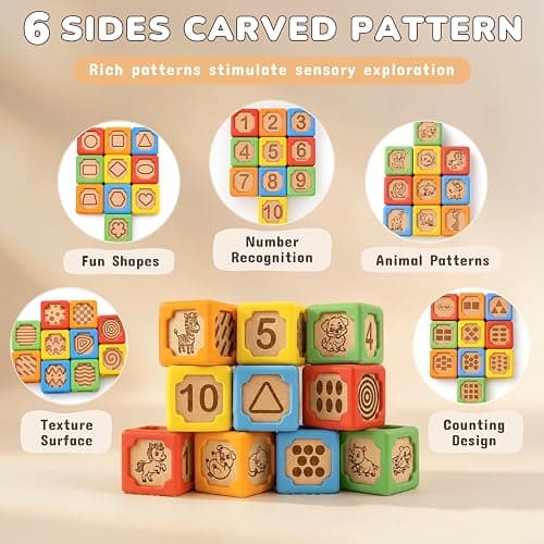 Joyreal Silicone Wooden Baby Blocks, 10PCS Montessori Stacking Blocks for Babies 6-18 Months, 1.7" Beech Wood Sensory Learning Toy with Animals, Numbers, Textures, Soft Chewable, Laser Engraved thumbnail 5