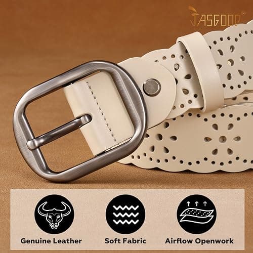 JASGOOD Women's Hollow Flower Genuine Leather Belt for Jeans Pants Wide Belt for Ladies thumbnail 3