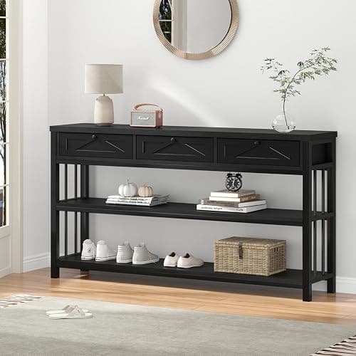 HSH Black Entryway Table with Drawers, 55” Sofa Table with Storage for Living Room, 3 Tier Console Tables with Shelves for Entrance, Wood Metal Entry Hallway Table Behind Couch, Black Oak, 55 Inch thumbnail 6