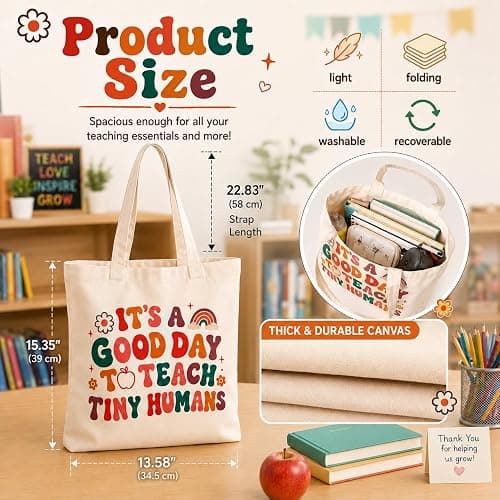 JIOIGFTSY Teacher Canvas Totes Bag Teacher Appreciation Gifts for Women | Teacher tote bags with “It’s a Good Day to Teach Tiny Humans” print; canvas tote bag for women, school, work, and daily use thumbnail 3