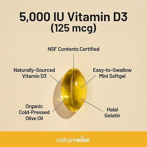 NatureWise Vitamin D3 5000iu (125 mcg) 1 Year Supply for Immune Support, Healthy Muscle Function, and Bone Health - Non-GMO, Gluten Free in Organic Extra Virgin Olive Oil, (Mini Softgel), 360 Count - 5000IU - 360 Count (Pack of 1) thumbnail 4