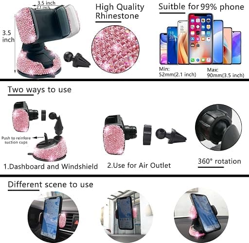NBTEPEM 27-Piece Bling Car Accessories Set - Universal Fit Steering Wheel Covers, License Plate Frames, Phone Holder, Car Fast Charger, Coasters (Pink) thumbnail 5
