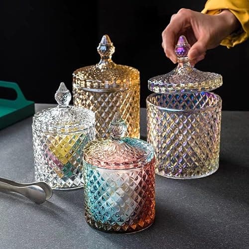 Saim Crystal Glass Jar with Lid, 2 PCS Decorative Candy Dishes 3.4inch Candy Cookie Jars,Buffet Biscuit Containers for Christmas Halloween Wedding Party - Multi-Color thumbnail 5