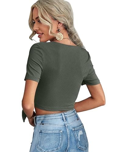 Crop Tops for Women Summer Cute Tops with Deep V Neck Shirts Sexy Unique Cross Wrap Slim Fit Tie Up Front Short Sleeve - 103-grey Green - Small thumbnail 5