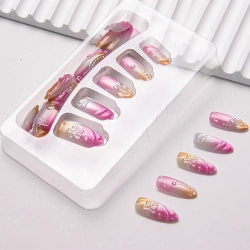 Cat Eye Fake Nails Almond Medium Press on Nails Pink Ombre False Nails Press ons 3D Spring Flowers Acrylic Nails Glossy Gradient Gel Artificial Nail with Designs Jelly for Women Girls Manicure 30Pcs thumbnail 3