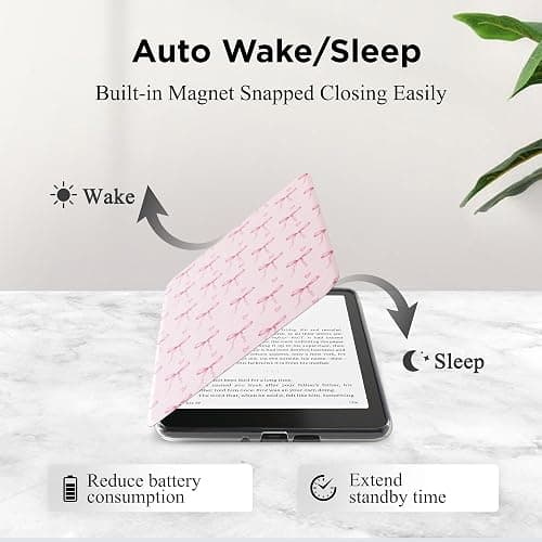 Vane Oak Magnetic Detachable Case for All-New 7" Kindle Paperwhite 12th Gen 2024 and Kindle Colorsoft Signature Edition, Light PU Leather Cover Case with Auto Wake/Sleep, Pink Bow Tie thumbnail 7