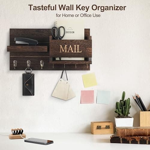 Lwenki Mail Organizer for Wall Mount – Key Holder with Shelf Includes Letter Holder and Hooks for Hallway Farmhouse Decor – Rustic Wood with Flush Mounting Hardware (16.5” x 9.1” x 3.4”) (Brown) thumbnail 7