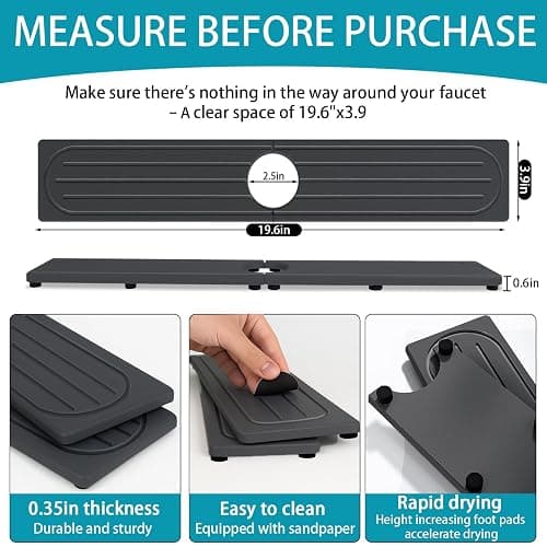 Fast Drying Stone Faucet Mat for Kitchen Sink with Raised Feet, Water Absorbent Diatomite Stone Sink Tray, Faucet Sink Splash Guard, Prevents Moisture Buildup, Durable Protector for Bathroom Counter thumbnail 2
