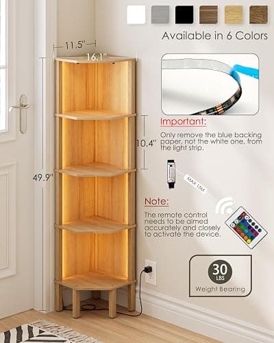 Apetaccat Corner Shelf Stand, 5 Tier Corner Bookshelf with Light,Corner Furniture for Bedroom Display Corner Shelf for Small Space,Wood Shelves with Storage Rack for Living Room,Office,Oak thumbnail 2