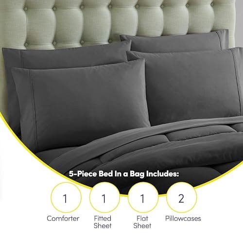 Sweet Home Collection 5 Piece Comforter Set Bag Solid Color All Season Soft Down Alternative Blanket & Luxurious Microfiber Bed Sheets, Gray, Twin - 1 - Gray - Twin thumbnail 6