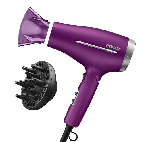 Conair Worldwide Folding Handle Hair Dryer with Concentrator & Diffuser, 1875W Travel Blow Dryer with Smart Voltage Technology, Ionic Conditioning Fights Frizz, 3 Heat & 2 Speed Settings, Purple - Image 1