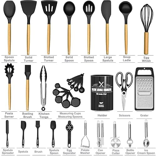 Kitchen Utensils Set- 34PCS Silicone Cooking Utensils with Holder, Umite Chef Heat Resistant Kitchen Utensil Spatula Set for Nonstick Cookware, Black Wooden Handles Kitchen Gadgets Tools Set thumbnail 3