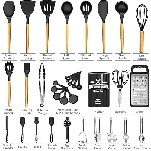 Kitchen Utensils Set- 34PCS Silicone Cooking Utensils with Holder, Umite Chef Heat Resistant Kitchen Utensil Spatula Set for Nonstick Cookware, Black Wooden Handles Kitchen Gadgets Tools Set thumbnail 4