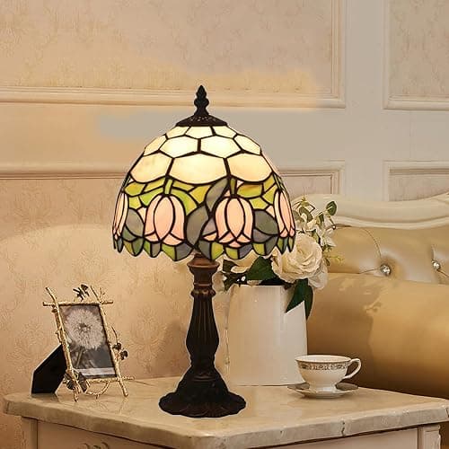 tuomoxte Tiffany Style Table Lamp, Pink Tulip Stained Glass Lamp, 8 Inch Small Antique Lamp, for Bedside Nightstand Bedroom Living Room Home Office, Include LED Bulb thumbnail 6