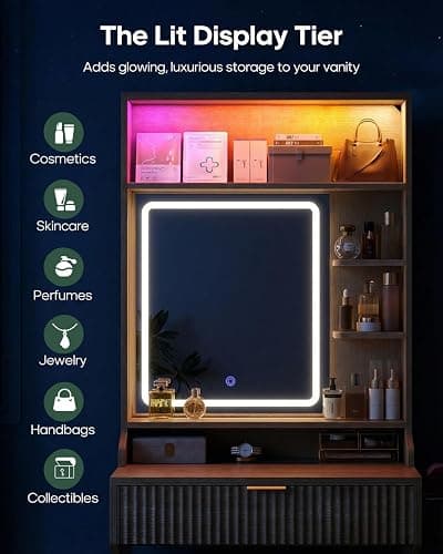 HAUOMS Small Vanity Desk with Mirror and Lights, Sound Sync LED Lights, Fluted Wood Compact Makeup Vanity Table Set with Teddy Fleece Chair, Storage Drawer, Shelves, Bedroom (Oak) thumbnail 4