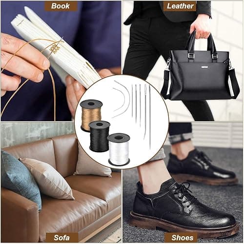 TANCUDER 14 PCS Aiguille Couture Main Cuir Aiguilles à Coudre Main et 3 Rouleaux de Fil de Nylon Kit Couture Cuir Différentes Aiguilles pour Perruques Tricot Canapés Artisanat(Noir + Marron + Blanc) thumbnail 6