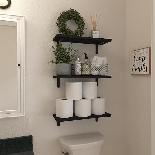 WOPITUES Wood Floating Shelves Set of 6, Shelves for Wall Decor, Farmhouse Shelf for Bedroom, Bathroom Storage Shelves, Book Shelves for Living Room-Black thumbnail 4