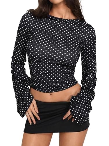 Milumia Women's Polka Dots Bell Sleeve Crop Tee Top Y2K Ruched Slim Fit Going Out T Shirt - Image 1