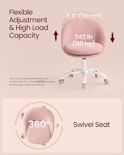 VASAGLE Vanity Chair with Lumbar Support, Adjustable Swivel Armless Desk Chair, Teddy Fleece, Compact for Small Spaces, Bedroom, Jelly Pink UOBG020R93 thumbnail 7