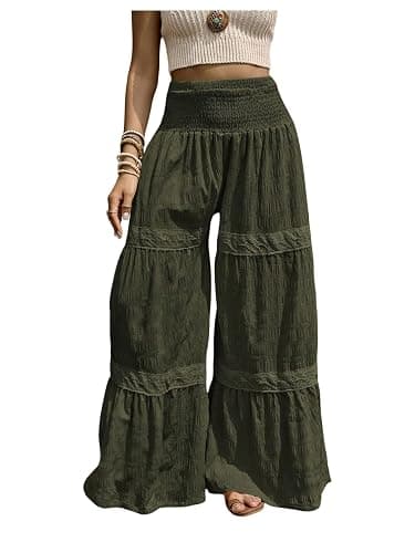 WDIRARA Women's Smocked Wide Leg Boho Pants | Tiered, Textured, High Waisted, Bohemia - Image 1
