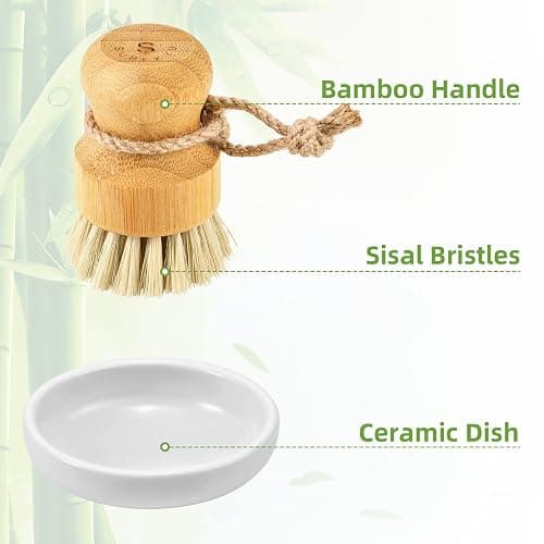 Bamboo Dish Scrub Brushes,Kitchen Wooden Cleaning Scrubbers Set for Washing Cast Iron Pan/Pot, Natural Sisal Bristles, Set of 3 thumbnail 5