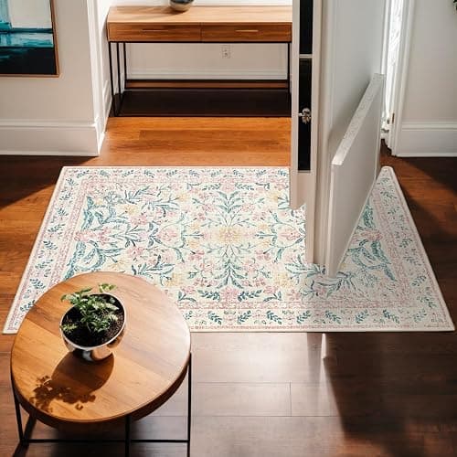 LKTRYFAM Machine Washable Floral Rugs for Living Room 3x5 Area Rugs, Vintage Non Slip Bedroom Rugs Ultra-Thin Soft Rug, Boho Low-Pile Throw Rug Stain Resistant Carpet for Girls Room Dorm (3x5ft,Pink) thumbnail 3