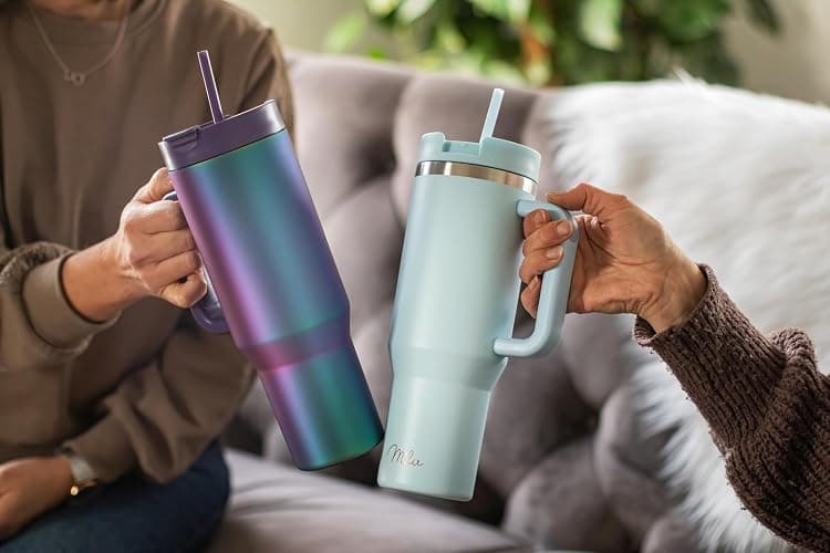 Milu Thermobecher 1,2L mit Strohhalm und Henkel – 48h Eis/24h kalt/12h heiß Edelstahl Tumbler 40oz mit Griff Isolierbecher to go Isolierflasche Trinkflasche doppelwandig isoliert (Blossom Pink, 1,2L) thumbnail 8