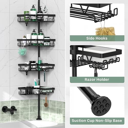 DAOYA Corner Shower Caddy Tension Pole - 4 Tier Stainless Steel Rustproof Shower Corner Caddy for Bathtub Bathroom Shower Organizer Shelves Adjustable Pole 25-114.2 Inch Black thumbnail 5