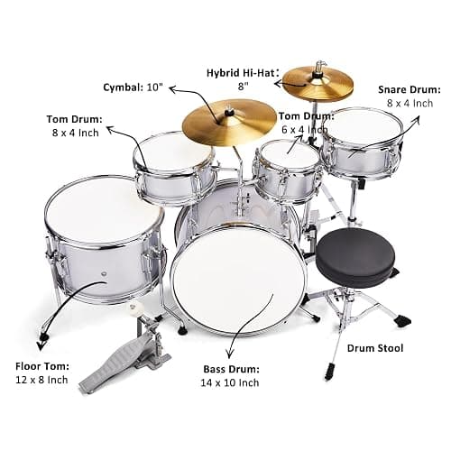EPOFIT 14-Inch Kids Drum Set, 5-Piece Junior Beginner Drum Set for Kids with Cymbals, Adjustable Stool, Two Pairs of Drumsticks, Pedal & Screw Wrench – Silver thumbnail 5