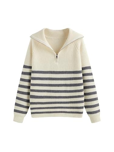 CIDER Women's Striped Quarter Zip Pullover Sweater Mock Neck Knit Fall Fashion Casual Sweater - Image 1