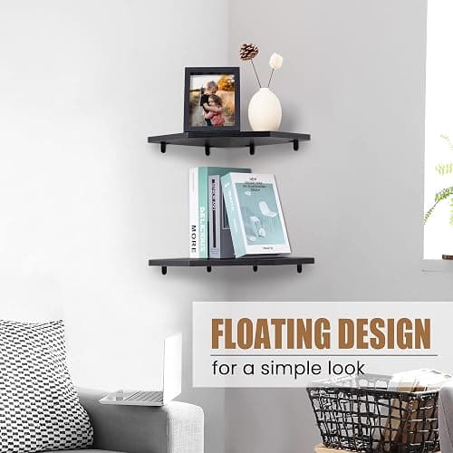 Fun Memories Corner Shelf Wall Mount, Floating Corner Shelves, Set of 2 Corner Wall Shelf Organizer, Rustic Wood Wall Storage Display Shelves for Living Room Bedroom Bathroom Kitchen, Classic Black thumbnail 7