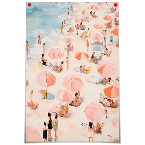 Romantic Summer Beach Wall Art Vintage Pastel Pink Coastal Scene Canvas Decor Lively Seaside Figures Painting Trendy Artwork for Bedroom Living Room Apartment Bathroom 12x16inch Unframed thumbnail 5