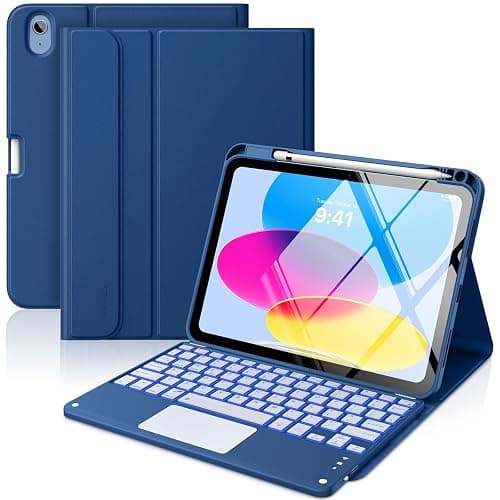 MoKo Touch Keyboard Case for iPad (A16) 11th Generation 11 inch 2025, iPad 10th Generation 10.9 inch Case with Pencil Holder, 7 Colors Backlit Multi-TrackPad Detachable Bluetooth Keyboard, Navy Blue - Image 1