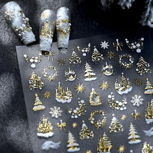 Gold Christmas Nail Stickers for Nail Art White Snowflake Nail Decals Deisgn 5D Embossed Gold Bow Xmas Tree Nail Art Stickers Christmas Nail Supplies for Women Gilrs Nails Decoration Accessories thumbnail 4