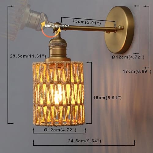 Yosoan Rattan Boho Wrapped Wall Sconce Light, Indoor Hardwired Hand-Woven Farmhouse Vintage Wall Lamps, Brass Handmade Braided Rope Small Straight Shade Wall Mount Fixture for Reading Hallway(Antique) - Antique thumbnail 2