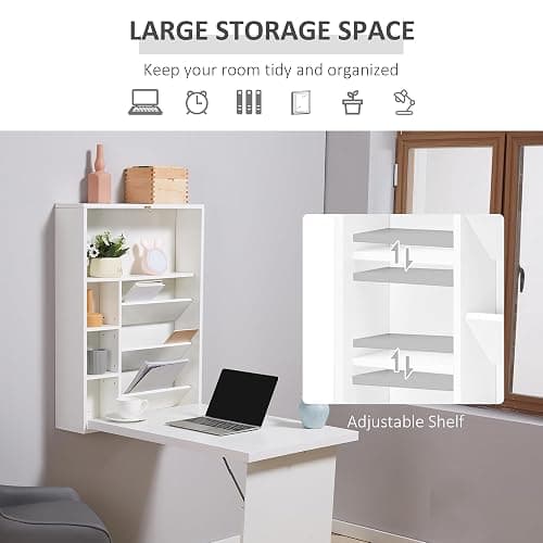 HOMCOM Wall Mounted Fold Out Convertible Desk, Multi-Function Floating Desk with Storage Shelf for Home Office, White thumbnail 5